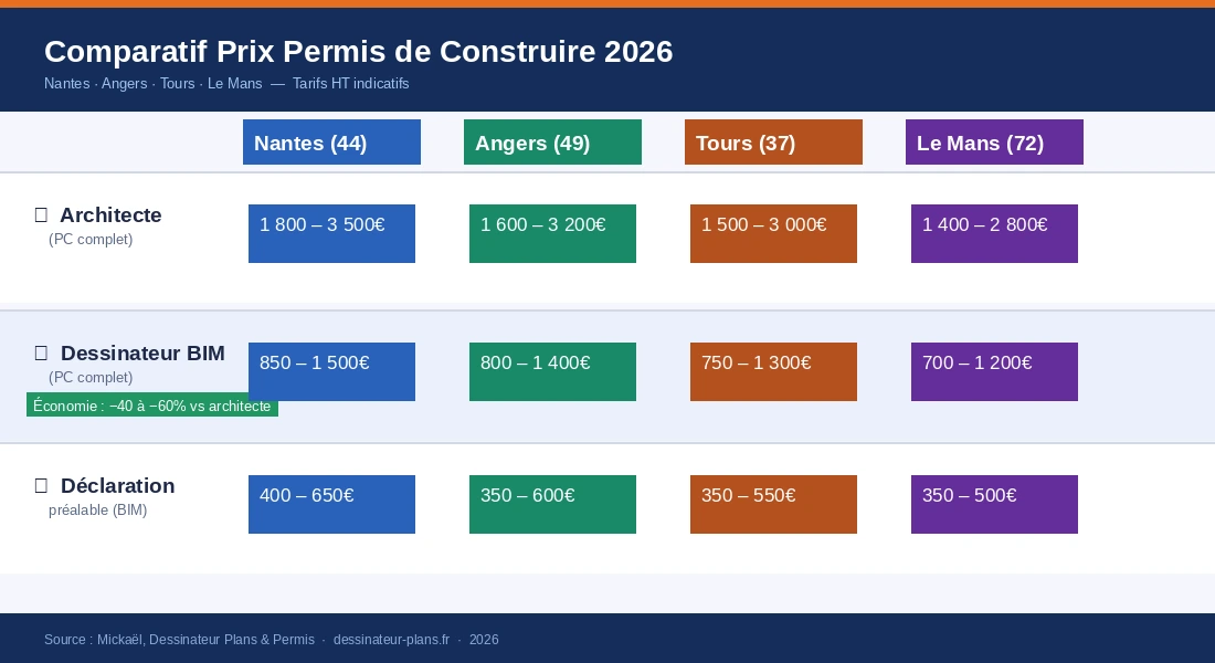 Tableau comparatif prix permis de construire 2026