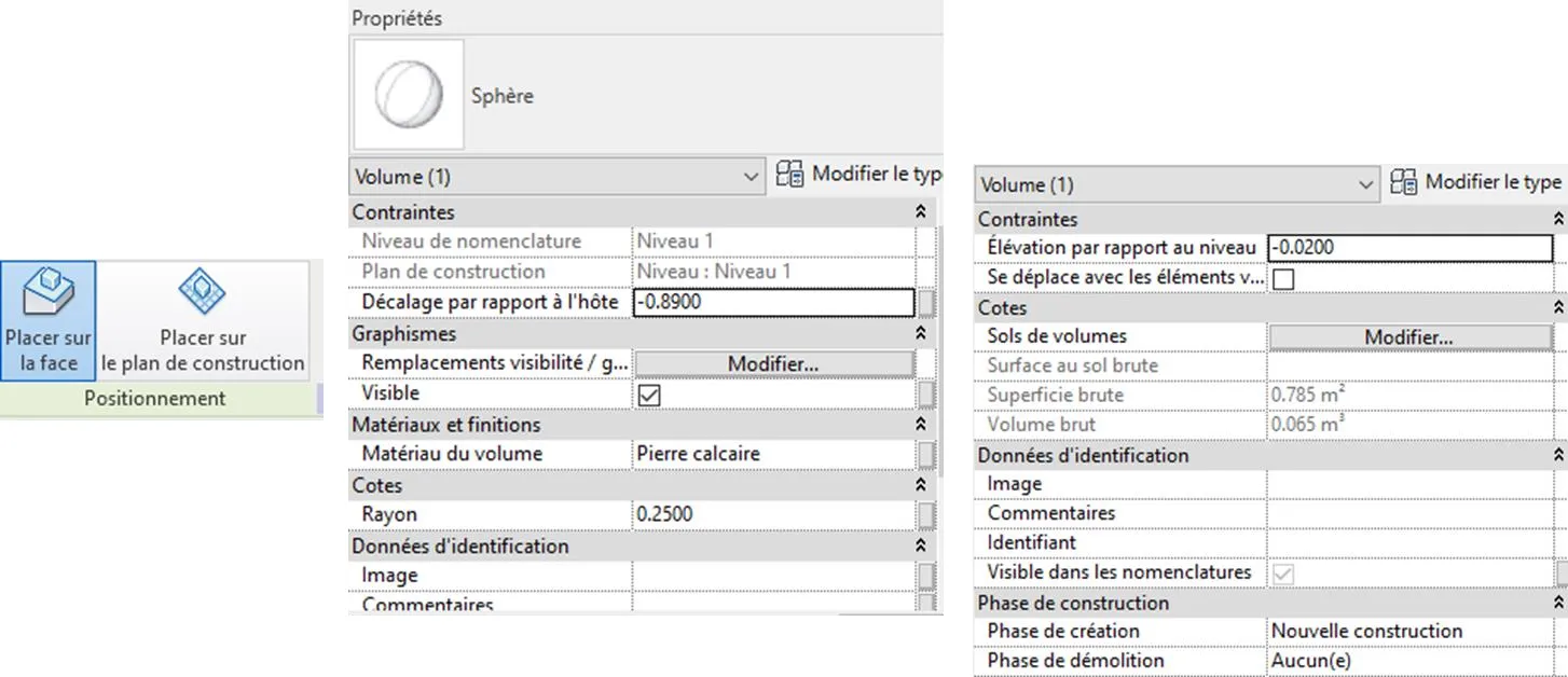 Propriétés de la sphère - rayon 0.25m, Pierre calcaire, décalage -0.89