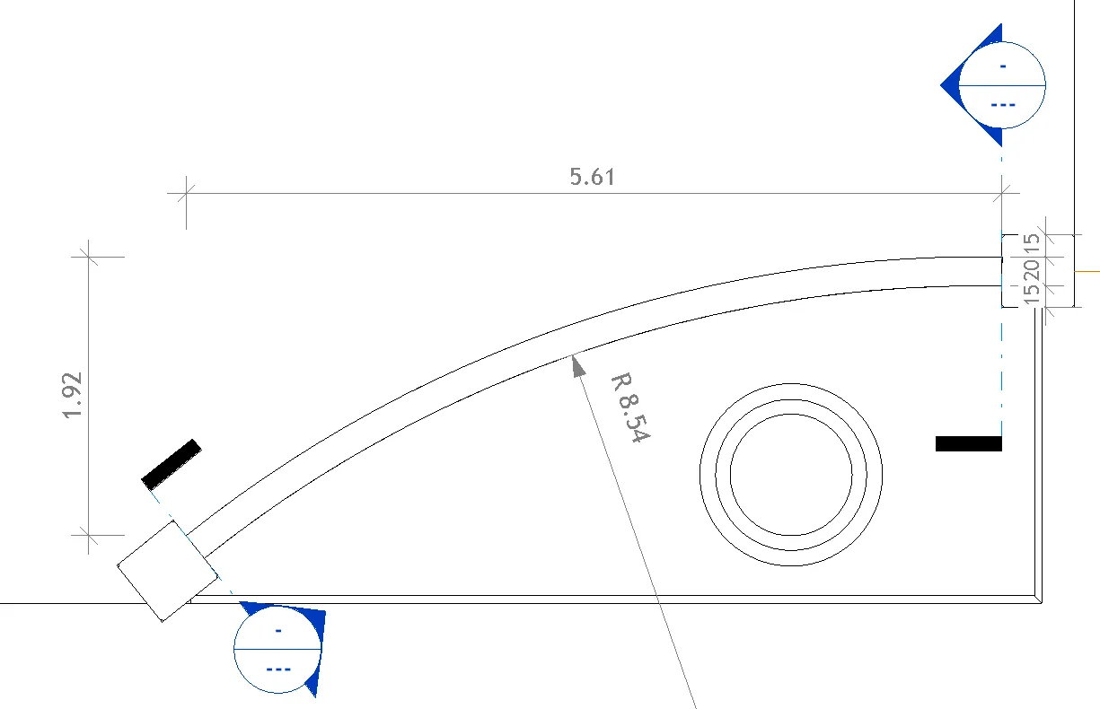 Plan et élévation du mur courbe - R8.54, hauteurs 1.50 et 1.82m