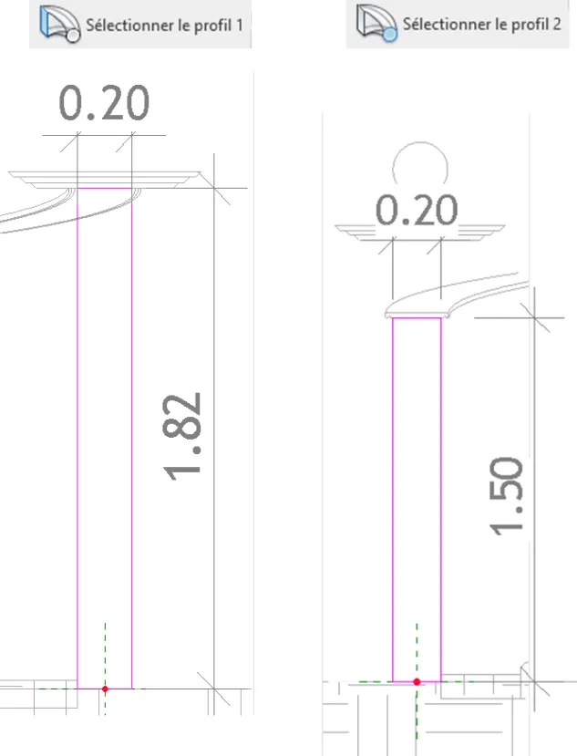 Profils 1 et 2 dessinés en coupe - hauteurs 1.82m et 1.50m