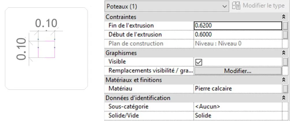 Deuxième extrusion - tenon sur le dessus du bloc 0.10x0.10m